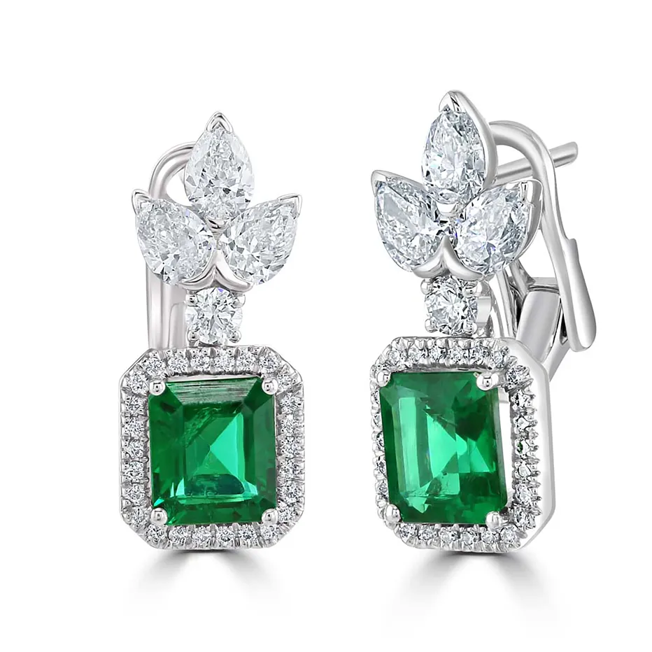 18ct White Gold Emerald and Diamond Drop Earrings